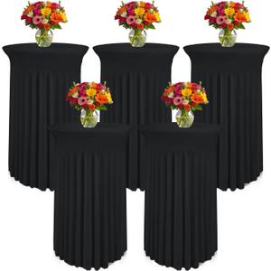 WJWHQ 5 Pack Round Spandex Cocktail Tablecloths with Skirt - Stretch Table Covers for High Top Bar, Wedding, Party, Banquet (Black, 32 x 43 Inch)
