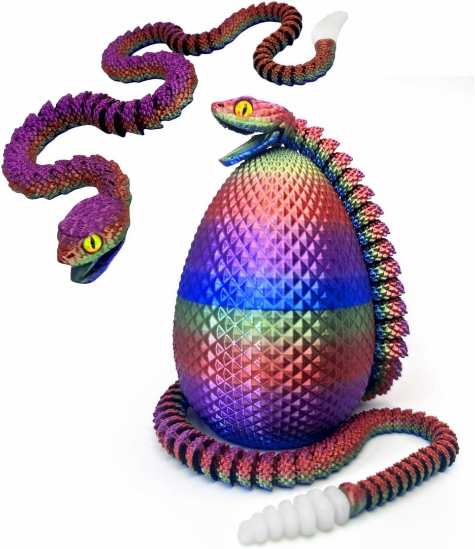 3D Printed Animals Toys: 21in Snake Egg with Flexible 3D Printed Snake for ADHD Sensory Play, Twist Open Desk Pets for Collectors & Kids, Easter Basket Stuffer-Rainbow