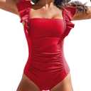 Charmo Womens Ruffle One Piece Bathing Suit Ruched Tummy Control Swimsuit Backless Monokini Swimwear (Medium, Red)