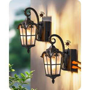 EDISHINE 2 Pack Dusk to Dawn Outdoor Wall Lights, Porch Lights with GFCI Outlet, Retro Black Outdoor Wall Lantern, Waterproof Outside Exterior Light Fixture for Front Door, Patio, Garage, E26 Socket
