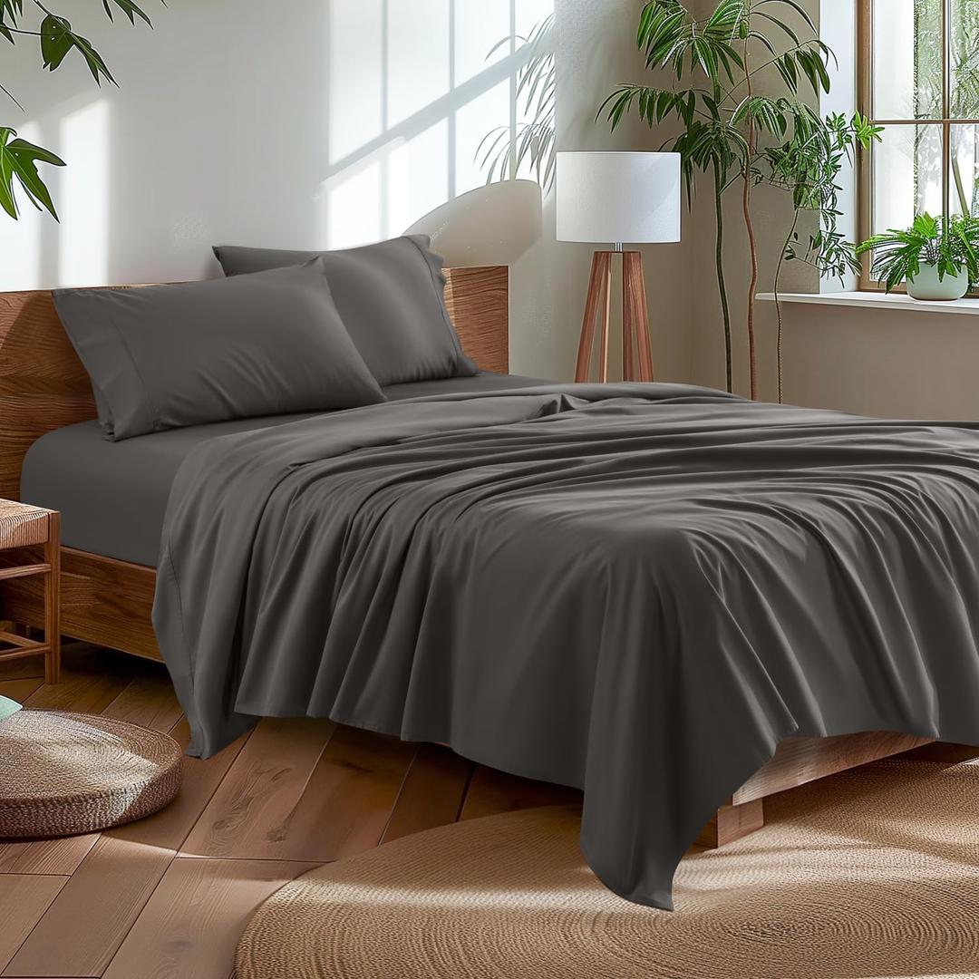4-Piece Bed Sheet Set for Queen, 100% Cotton Sheets with 16" Deep Pockets, Easy Care, Hotel Luxury(Dark Grey)