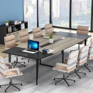 Tribesigns 8FT Conference Table, 94.48L x 47.21W x 29.52H Inches Boat Shaped Meeting Table with Rectangle Grommet, Modern Seminar Boardroom Table for Office Conference Room (Grey & Black, 8ft)