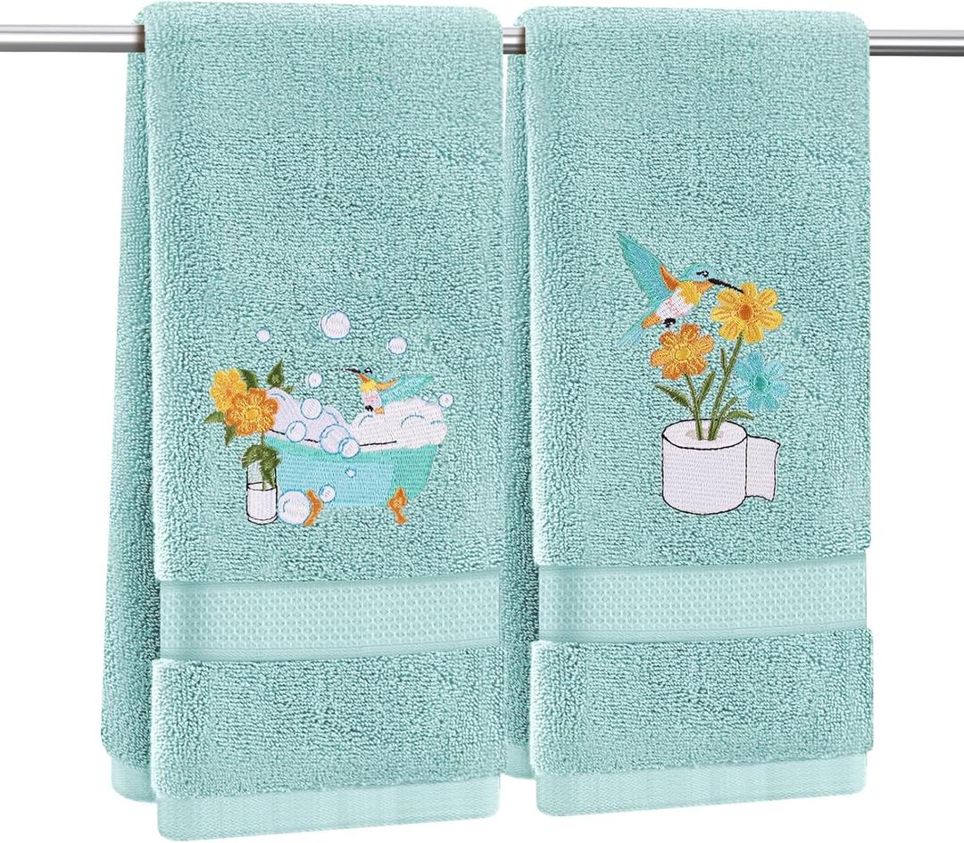 2 Pcs Hummingbird Hand Towels for Bathroom Decorative Fancy Bathroom Towels Embroidered 100% Cotton Spring Bath Towel 13.4x29 Inch for Home Kitchen Dcor (Blue, Hummingbird)