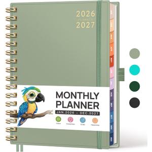 RETTACY 2026-2027 Monthly Planner, Jan 2026 - Dec 2027, Medium Size (5.7" x 8.3"), Agenda, Calendar, 24 Month Tabs, Flexible Plastic Cover, 100 GSM Thick Paper, Spiral-bound (Light Green)