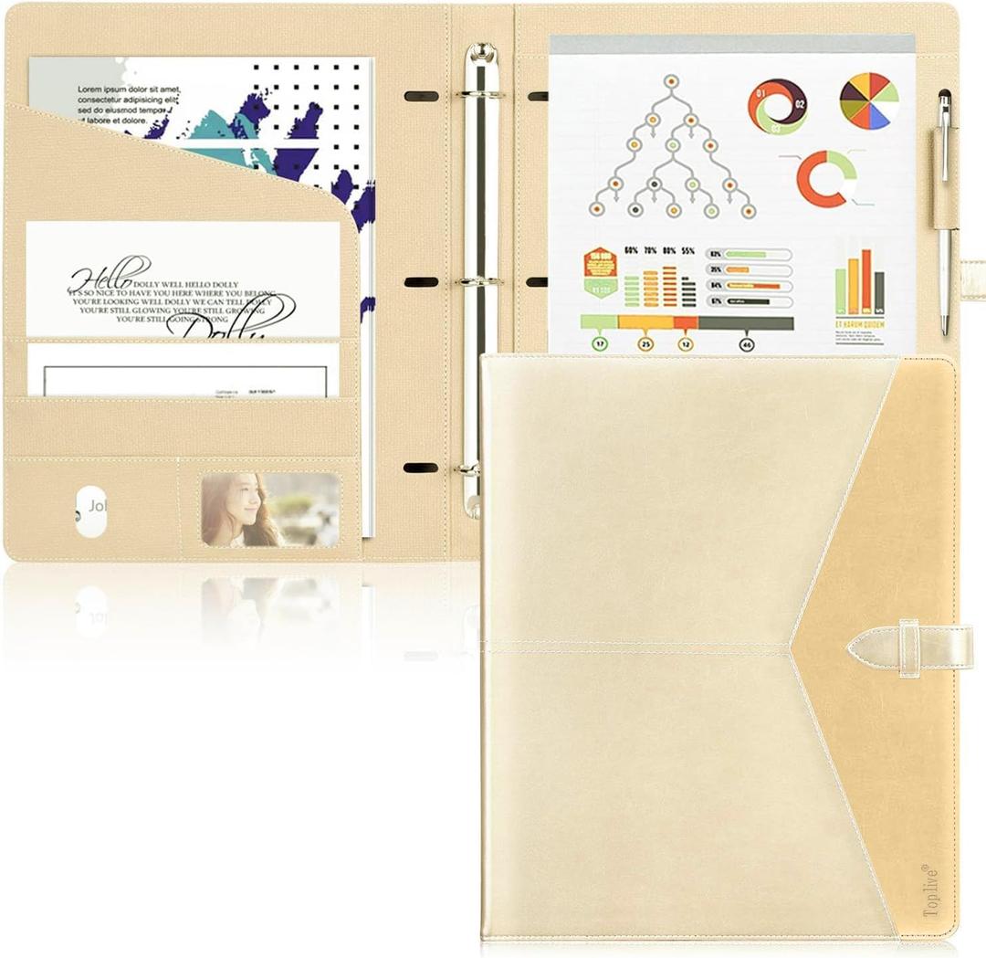 Toplive Padfolio 3 Ring Binder Organizer Business Portfolio Folder for Women, A4/ Letter Size PU Leather Portfolio Padfolio for Interview Conference Presentation, Gold