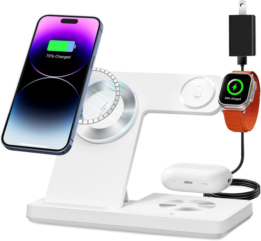 Magnetic 3 in 1 Charging Station for Multiple Devices,Mag-Safe Wireless Charger for iWatch & Airpods Pro 3 2, Foldable Charging Stand Dock for iPhone 12-16 Series with Adapter(White)