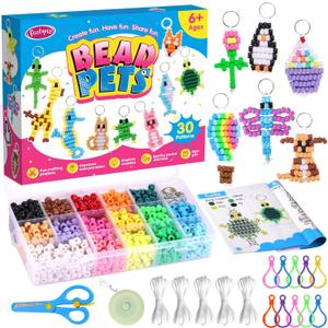 Funtopia Beads for Crafts, Pony Keychain Making Kit, Pets Art Crafts for Kids Beginners, Birthday Party DIY Craft for Girls Boys (1500 Beads, 30 Designs)