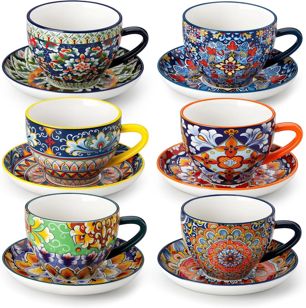 vancasso 8 oz Cappuccino Cups with Saucers Set of 6, Bohemian Ceramic Coffee Cup for Latte, Tea, Espresso, Microwave & Dishwasher Safe - Porcelain Latte Mugs for Kitchen or Cafe