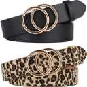UnFader Pack 2 Women Belts for Jeans with Fashion Double O-Ring Buckle and Faux Leather (Fits Waist Size from 45"-49")