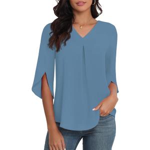 LAOLASI Womens Summer Chiffon Blouses 3/4 Sleeve V Neck Casual Loose Work Tops for Leggings 2025 Flowy Dressy Tshirts (Medium, Blue)