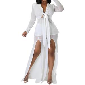 HugeNice Women's Sexy 2 Piece Outfits Clubwear Mesh See Through Tie Front Crop Tops Slit Wide Leg Pants Set (White)