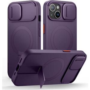 SURITCH for iPhone 15 Case with Magnetic Camera Slide Cover and Adjustable Kickstand, Compatible with MagSafe, Shockproof Bumper Case Slim Protective Cover 6.1 Inch, Dark Purple