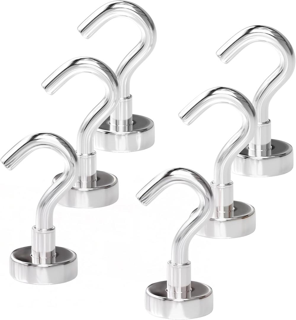 Magnetic Hooks 27lbs/12kg (Pack of 6 Silver) - Heavy Duty Neodymium Hooks for Outdoor & Backyard Use - Strong Rare Earth Magnets for Cruise Cabins - Magnetic Hooks for Kitchen & Refrigerators