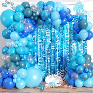 Under The Sea Party Decorations Ocean Balloon Garland Arch Kit, 135 PCS Blue Bubble Foil Fringe Curtains Backdrop Tinsel Streamer Photo Booth Props Mermaid Beach Themed Birthday Party Decor Supplies