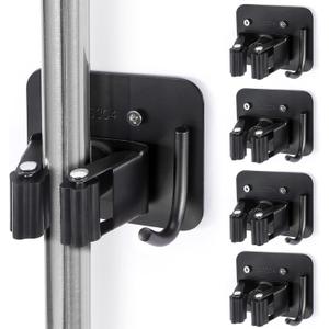 Stainless Steel Broom Holder, Heavy Duty, Rust Resistant, 4 Gripper Positions with 4 Hooks, Black