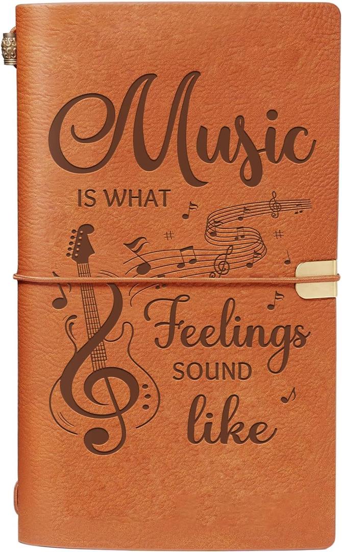 Music Lover Gifts for Women Men, Leather Journal Notebook with Music Is What Feelings Sound Like Quote, Refillable Leather Writing Journal for Musicians,Teacher, Songwriters