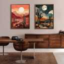 2 Pcs Sun Moon Desert Landscape Wall Art Day Night Western Wall Decor Southwest Boho Cactus Canvas Prints Nature Wilderness Paintings Mid Century Modern Mountain Poster Pictures For Living Room Unframed