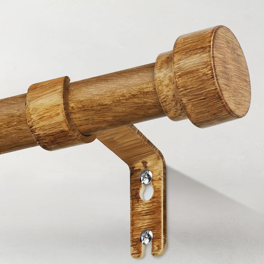 Boho Wood Curtain Rods for Windows 48 to 84 Inch, 1" Adjustable Heavy Duty Curtain Rod with Imitation Wooden Grain Finials, Rustic Farmhouse Modern Style Decorative Drapery Rods, Size 32"-90"
