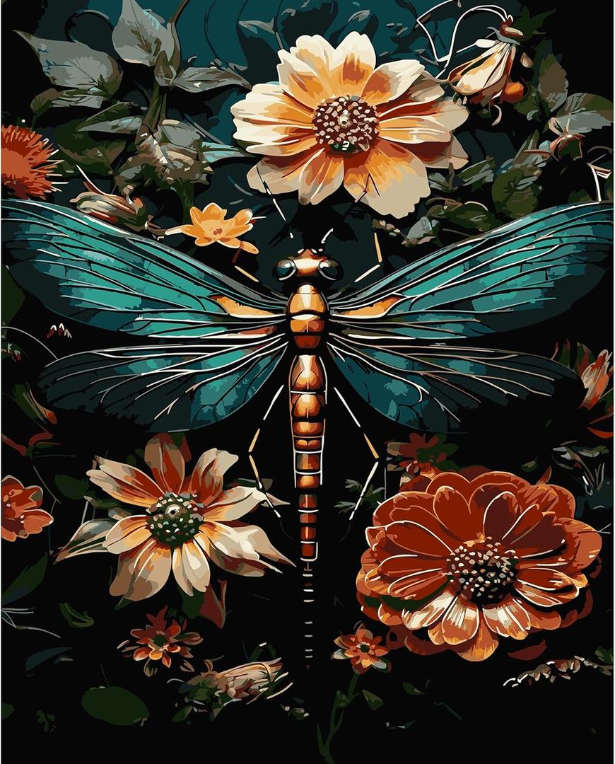 Dragonfly Paint By Numbers Kit For Adults Beginner Adult Paint By Number Kits On Canvas Dragonfly Flower Oil Painting Kit For Beginners Adults For Gift Home Wall Decor 16x20 InchWithout Frame