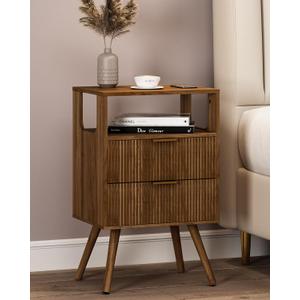 Leomonio Mid Century Modern Nightstand, Modern Night Stand with 2 Storage Drawer and Opening Storage, Fluted Bedside Table with Solid Wood Legs for Bedroom