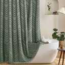Boho Extra Long Sage Green Shower Curtain with Tassel, Woven Fabric, Tufted Chevron Striped, 72 x 78, Modern Chic Textured Minimalist