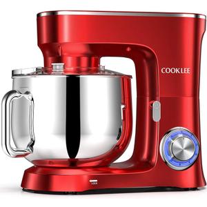 COOKLEE Stand Mixer, 9.5 Qt. 660W 10-Speed Electric Kitchen Mixer with Dishwasher-Safe Dough Hooks, Flat Beaters, Wire Whip & Pouring Shield Attachments for Most Home Cooks, Ruby Red