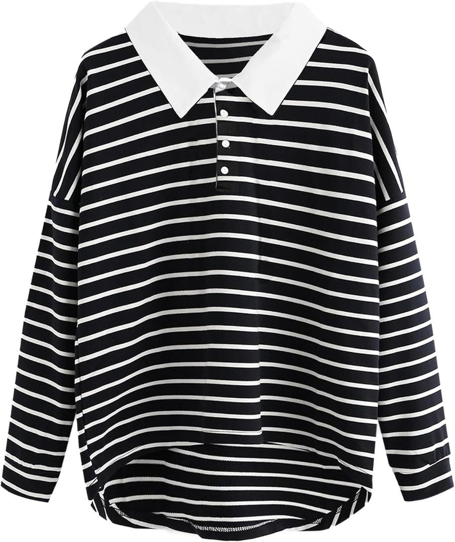 LilyCoco Women Long Sleeve Sweatshirts Polo Striped Lightweight Sweatshirt Black Medium (Black, M)