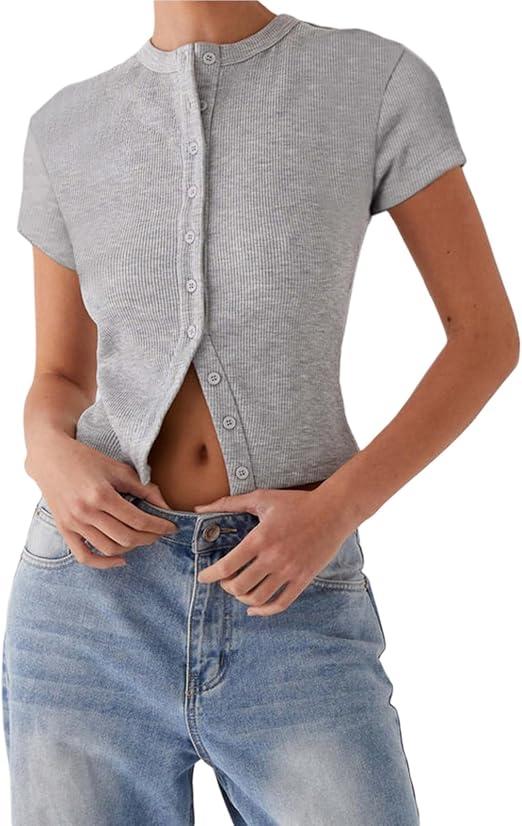 QINSEN Women's Crewneck Short Sleeve T Shirts Ribbed Button Going Out Trendy Tops, Size M