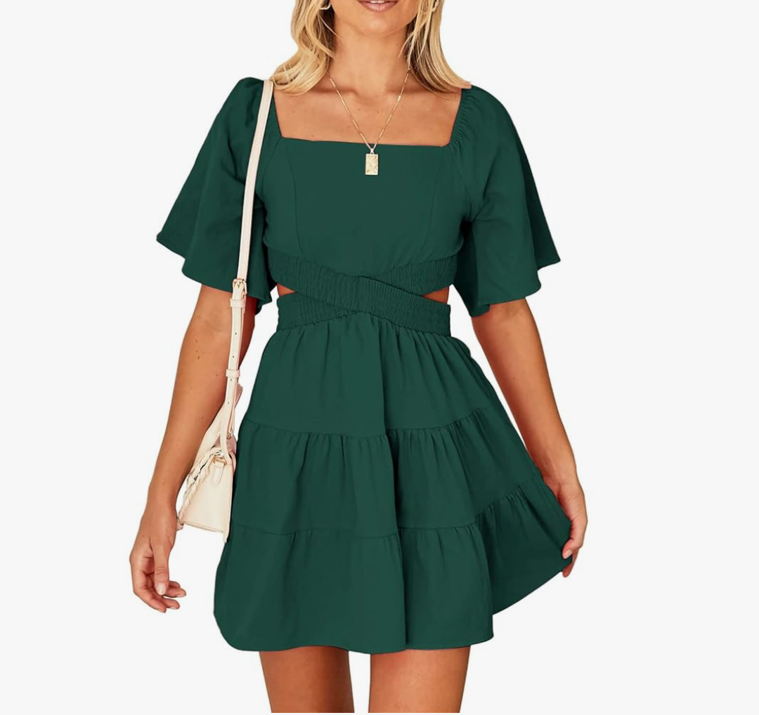 Senllen Women's Summer Dresses 2025 Short-Sleeve Square Neck Mini Dress Crossover Elastic Waist Casual Party Tiered Dress, L, Green