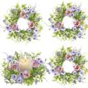 KHOYIME Floral Candle Rings Wreath 4PCS Small Spring Summer Purple Artificial Flowers Greenery Wreaths for Pillars, Mini Candle Holder Kitchen Cabinets Table Centerpieces Wedding Party Farmhouse Decor