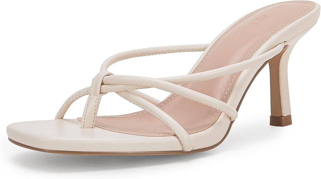LAICIGO Women’s Square Open Toe Flip Flops Stiletto Heels Strappy Thong Slide on Slingback Mules Sandals 9,5 (Beige)