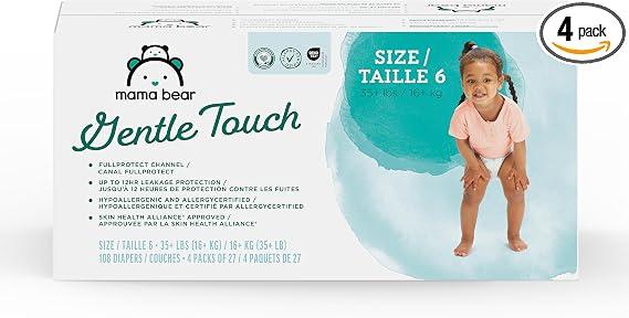 Amazon Brand - Mama Bear Gentle Touch Baby Diapers, Size 6, 108 Count (4 Packs of 27), Hypoallergenic, Wetness Indicator