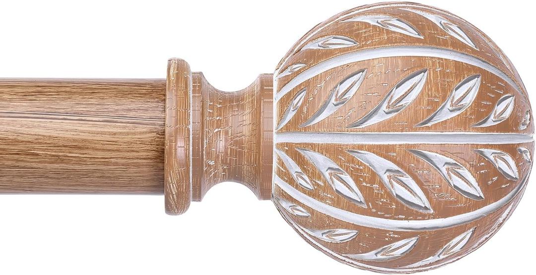 Boho Wood Curtain Rod, Decorative Curtain Rods for Windows 48 to 84 Inch with Handmade Wood Grain Leaf Finials, 1 Inch Adjustable Heavy Duty Vintage Rustic Window Treatment Rods, Easy Install (36''-88'' (1 Pack))