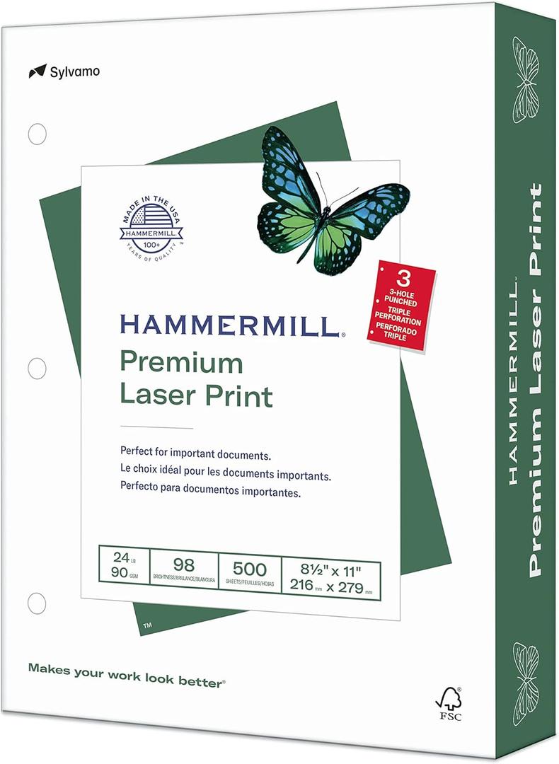 Hammermill Premium Laser Print Paper, 24 lb Copy Paper, 8.5 x 11 Letter Size, 3 Hole - 1 Ream (500 Sheets) - 98 Bright