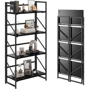JSB No Assembly Folding Bookshelf, 4 Tier Industrial Metal Book Shelf for Storage, Vintage Wood Foldable Bookcase for Living Room, Bedroom, Office Organization Shelves (Black)
