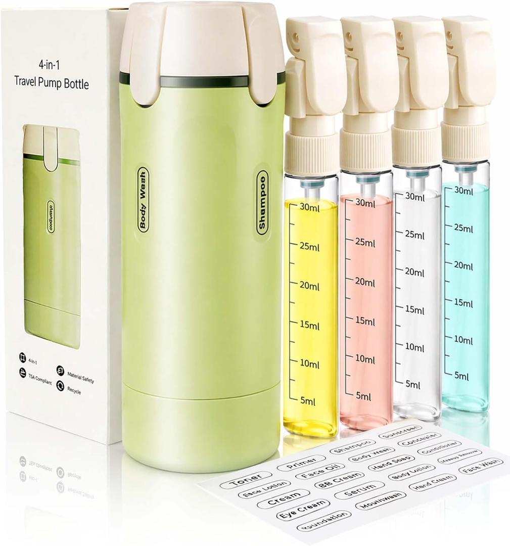 4 in 1 Travel Dispenser Bottle, TSA Approved Leak Proof Refillable Toiletry Containers for Shampoo, Conditioner, Lotion & Skincare Easy Clean Travel Bottles for Gym, Business