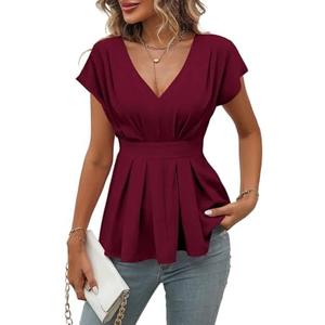 SweatyRocks Women's Summer V Neck Fold Pleated Ruffle Hem Blouse Peplum Top, Size: Small