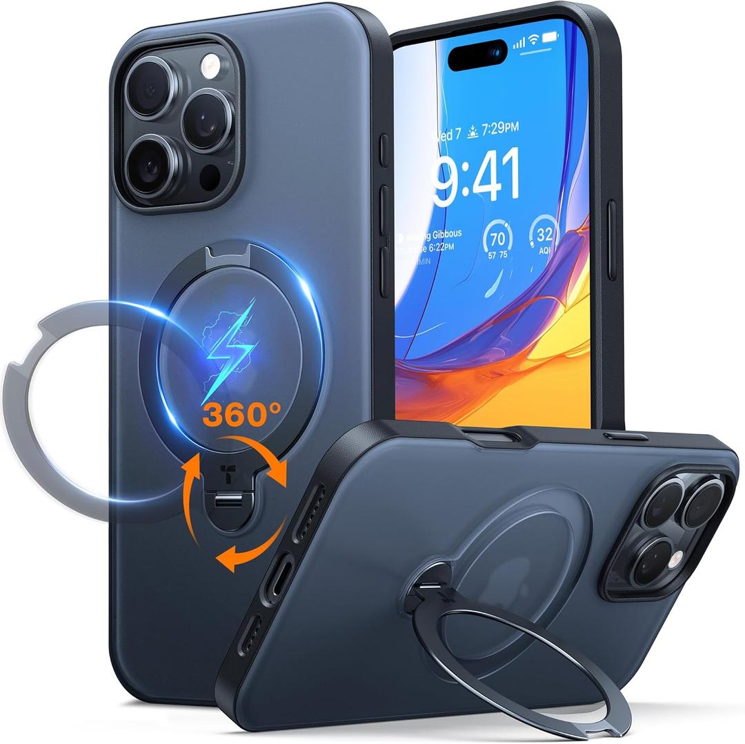 TORRAS Upgraded 360 Spin Magnetic Stand for iPhone 16 Pro Case, Fit for MagSafe, Built-in Kickstand & Ring Holder, Mil-Grade Protective Soft Edge Translucent Case for iPhone 16 Pro, Black 6.3''