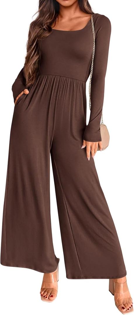 KIRUNDO Women's 2025 Summer Fall Fashion Long Sleeve Jumpsuits Casual Dressy One Piece Square Neck Wide Leg Pants Romper (Coffee)