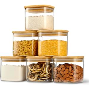 22oz Airtight Square Spice Containers with Bamboo Lid Set of 6 (650ml) Kitchen Pantry Organization Jar Stackable Spice Jar, for Sugar, Tea, Cookies and Coffee beans (with Black Lable)
