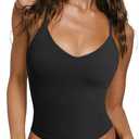 OMKAGI Racerback Workout Tops for Women Built in Bra Cute Open Back V Neck Longline Sports Bra Top (M,84-Black)