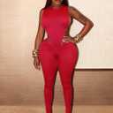 Sexy 2 Piece Sets for Women Sleeveless Hollow Out Bodysuit Top Bodycon Ruched Leggings Set Jumpsuit Club Outfits (Red, M)