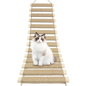 40in Cat Climbing Ladder & Bridge - Multi-Functional DIY Cat Wall Furniture with Sisal Rope for Indoor/Outdoor Cats, Parrots, and Small Pets (Wood Tone, L-40in)