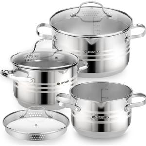 Daniks Tokio 6-Piece Stainless Steel Cookware Set  Induction Pots with Strainer Lids, Dishwasher Safe, For Soup, Pasta, Stew, Silver (9.5 Quarts)