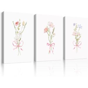 Girl Flower Bow Wall Art Coquette Pink Floral Canvas Wall Decor Nursery Wildflower Poster Aesthetic Flower Pictures Soft Pink Bow Prints Cute Floral for Teen Girls Bedroom 16x24x3 Inch Ready to Hang