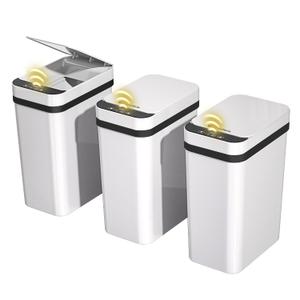 3 Pack Bathroom Trash Can 2.6 Gallon Small Touchless Automatic Motion Sensor Trash Cans Slim Waterproof Garbage Bin with Lid for Kitchen, Office, Bedroom White