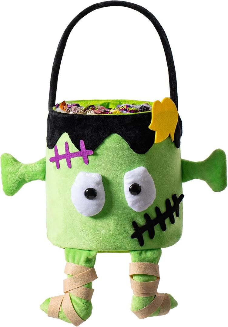Halloween Trick or Treat Bag, Green Monster Plush Candy Tote Bucket Multipurpose Portable Collapsible Reusable Goody Bucket - Best Halloween Party choice