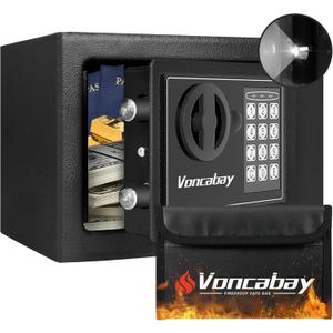 Voncabay Money Safe Box for Home with Sensor Light & Fireproof Money Bag - 0.23 Cubic Feet Security Safe Box with Digital Keypad, Keys & Pass Code Lock, 9.05" W x 6.69" D x 6.69" H, Black