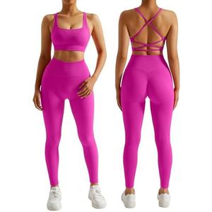 RXRXCOCO Ribbed Workout Sets for Women 2 Piece Backless Strappy Sports Bra Seamless Leggings Matching Set Yoga Outfits Pink Small