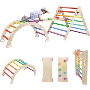 EDOSTORY 5 in 1 Pikler Triangle Set, Indoor Playground and Gym for Kids, Foldable Wooden Montessori Climbing Set Triangle Ladder Set with Slide and Climbing Ramp, Gift for Boys Girls(Rainbow)